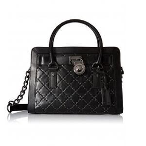 MICHAEL KORS Hamilton Medium Studded Leather Satchel Bag Black Classic Timeless